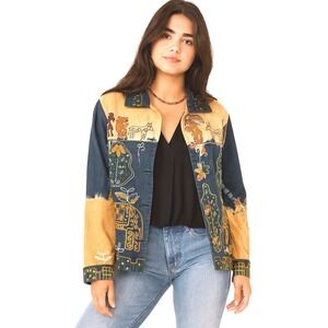 Sandy Starkman Denim Jacket‎ Aztec Petroglyph Wearable Art  Boho sz M